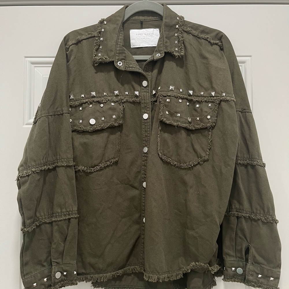 Zara Woman Olive Denim Oversized Studded Shacket Size Small